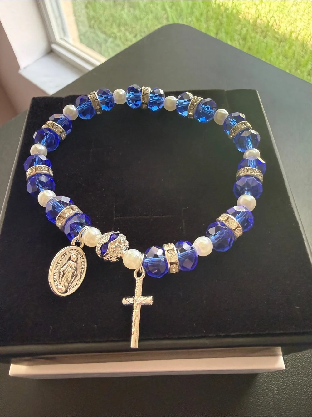 Women’s Blue Crystal Rosary Charm Bracelet Stretch One Size Virgin Mary Cross OS
